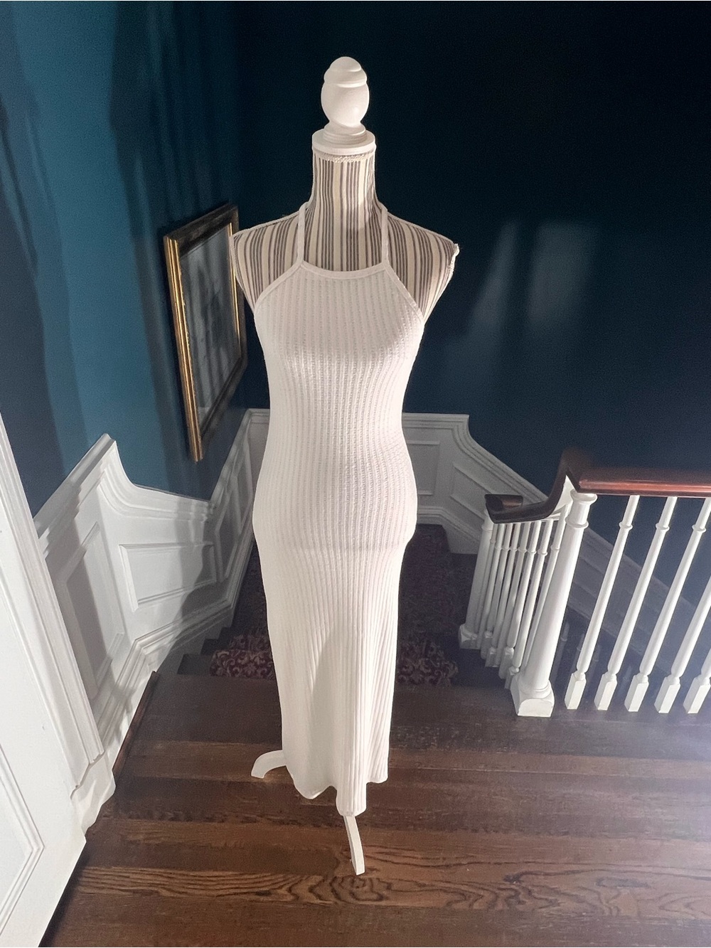 Sleeveless Ribbed Knit Maxi Dress off white halter soft lined NWT medium D463